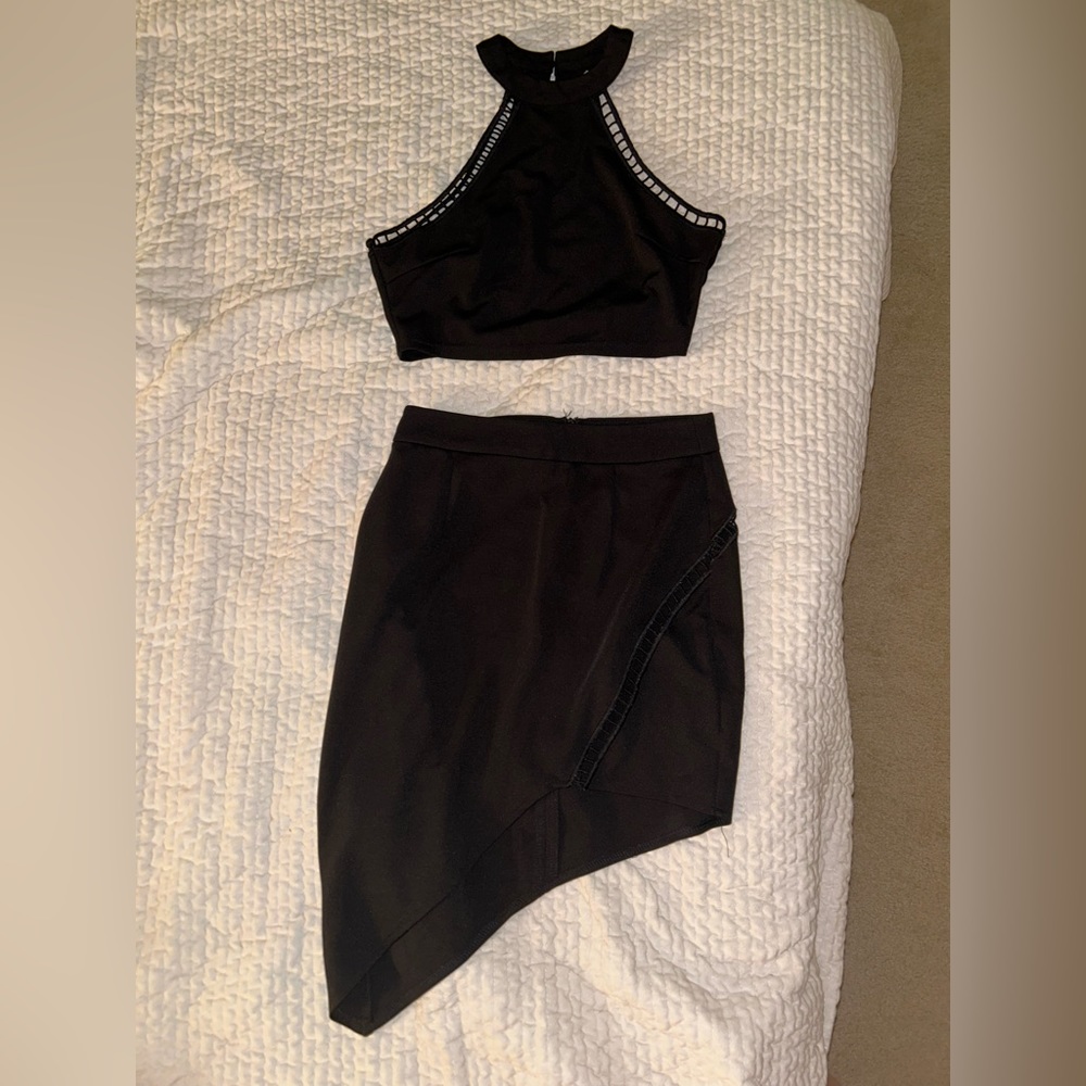 Tobi Black Halter Crop Top & Asymmetrical Skirt Set